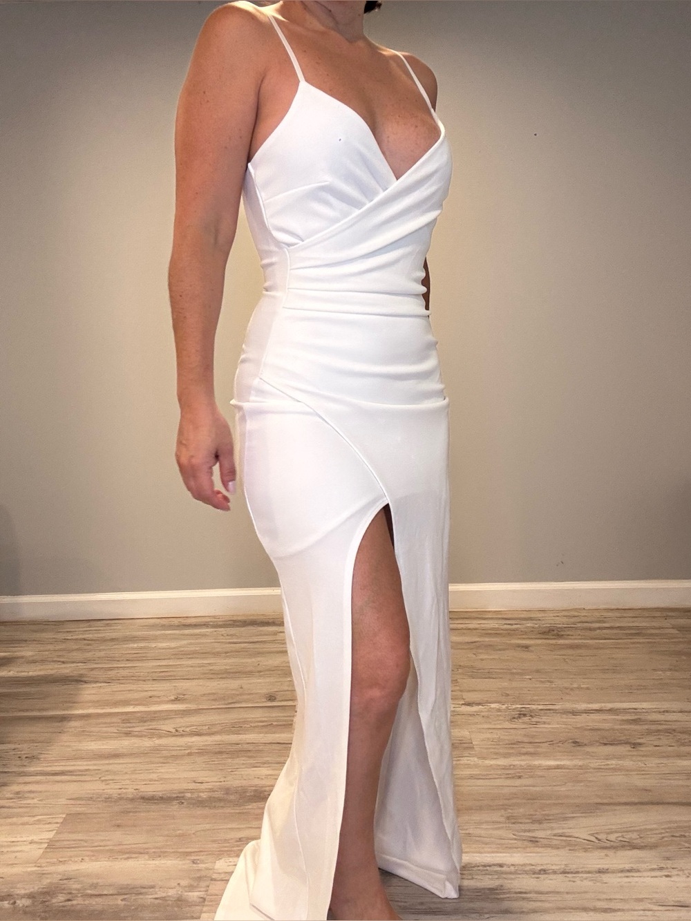 Emerald Sundae White Spaghetti-Strap Maxi Dress with Thigh Slit